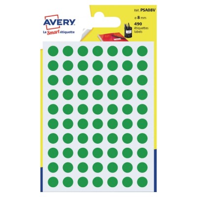 Avery PSA08V pyöreä tarra 8mm vihreä, 1 kpl=490 tarraa
