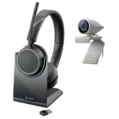 Poly Studio P5 webkamera ja Voyager 4220 UC kuulokkeet USB-A